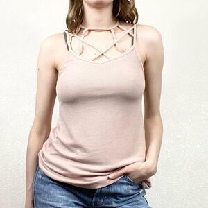 American Eagle Blush Pink Cage Neck Ribbed Tank Top